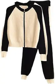 [UIOKLMJH] Casual Two-Piece Sweater Cardigan Jacket Women Autumn Knitted Suit Fashion Baseball Sports Zip Top and Pants Set