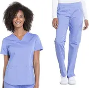 [Cherokee] Women Scrub Set Modern Fit 3 Pocket V-Neck Top WW665 with 6 Pocket Mid Rise Straight Leg Pants WW170