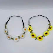 Flower Head Bands Set of 2 Hippie Hair Floral Elastic White Yellow Spring Easter