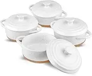HVH 12 oz Ramekins with Lids, Mini Casserole Dish with Lid Oven Safe, Small Casserole Dish Set, Oven Safe Bowls, Mini Baking Dishes for Oven with Lids, Farmhouse Style (White)