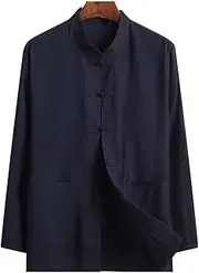 [NTWSHS] Chinese Clothing Tang Suit Cotton Linen Martial Art Kung Fu Uniform Mens Tang Suit Hanfu Chinese Traditional Clothes Taichi Clothing Zen Meditation Long Sleeved Coat Tops(Cyan,-43)