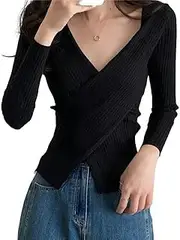 XUGYAO Ladies Sweater Autumn Winter Knitwear Tops Women Pullover Sweaters Fashion Female Long Sleeve Skinny Elastic Casual V-Neck Knitted Shirts Black