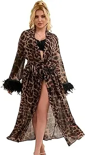 [sunshinelady] Leopard Sexy Women's Dressing Gown Robe Long with Feathers Kimono Bathrobe for Women Sleepwear Nightdress Pyjamas Negligee with Belt Chiffon Elegant Transparent Large Sizes S-2XL