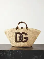 [Dolce & Gabbana] Dolce & Gabbana - Kendra Small Leather And Leopard-print Twill-trimmed Raffia Tote - Beige - One size One size Neutrals