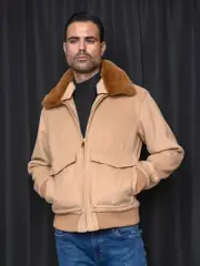 NWT SIZE XL CAMEL MENS ZIP UP COAT WITH REMOVABLE FUR FROM COLLAR ONE OF A KIND