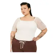 Torrid Womans Sz 5X Plus Blouse Smocked Dot Mesh Square Neck Crop Top Ivory NWT