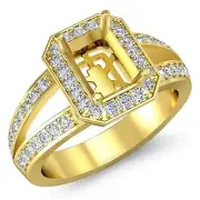 Emerald Cut Halo Pave Semi Mount Diamond Engagement Ring 14k Yellow Gold0.55Ctw