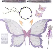 Snycler Fairy Wings for Adults and Girls, Fairy Costume Set with Floral Garland Hair Tinsel, Wand & Elf Ears Butterfly Wings
