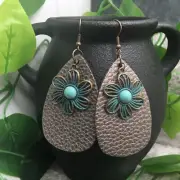 3” Bronze-tone Pendant & Leather Earring Set Drop Dangle New Free Ship A960