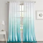 2x Ombre Sheer Curtains Draperies Window Treatment, White and Turquoise
