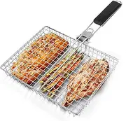 AIMALL Folding Handle Barbecue Grill Clip and Basket - Multi-Functional Stainless Steel Tool for Grilling Fish, Chicken, Corn, and More