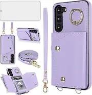 [Asuwish] Phone Case for Samsung Galaxy S23 5G Wallet Cover with Screen Protector and Ring Stand Credit Card Holder Slot Crossbody Strap Cell S 23 23S GS23 G5 SM-S911U 6.1 inch Women Girl Men Boy Purple