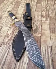 custom hand made damascus steel kukri knife survival with leather sheath 18"