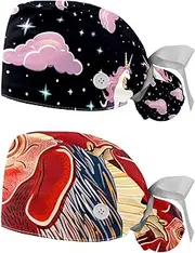 [YTYVAGT] 2-Pc,Nurse Scrub Caps,Scrub Hats with Buttons and Cotton Sweatband,Unicorn Black and White Cloud
