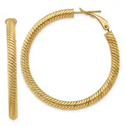 14K Yellow Gold 4X35mm Twisted Round Omega Back Hoop Earrings