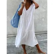 Women's White Dress Linen Dress White Cotton Dress Midi Dress Ruched Casual Daily Vacation V Neck Short Sleeve Summer Spring Black White Plain