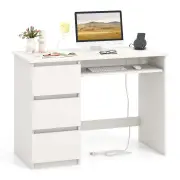CostwayModern Computer Desk with Power Outlet and 3 Large Drawers-White