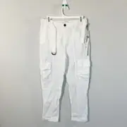 NWT Nicole Miller Women Linen White Cargo Pants Elastic Waist Belted Sz Small