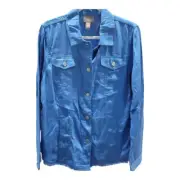 CHICOS Women's Size 2 Button Up Blue Easy Fray Jacket With Front Pockets Blue