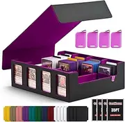 [CardNovux] Trading Card Storage Box with Commander Display; 2400+ Deck Box for MTG with Removable Cover; Toploader Card Case fits Magic TCG PTCG Sports Cards; 24 Dividers, 4 Stoppers (Black & Purple)