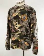 HERON PRESTON Green Camo Flame Sleeve Cotton Crew Neck Tee Shirt LARGE NWT