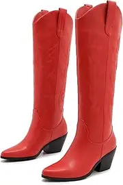 [ZXHYZLZ] Women's Cowboy Boots Knee High Seam Mid Heel Block Heel Almond Pointed Toe Fashion Classic Cowgirl Boots Slip-On