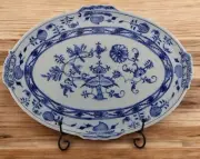 Vintage Meissen Blue Onion Porcelain Oval Serving Platter With Handles 15"