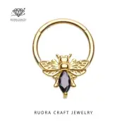 Eleanor Bee Pear Diamond Daith 14k Gold Bee Hoop Septum clicker for her