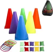 Colorful Happy Circle Game,Soft Plastic Cones Bean Bags Ring Toss Games for Kids Birthday Party Outdoor Games Supplies,6 Throwing Buckets+10 Circles+10 Beanbags+1 Storage Bag(Random Color)