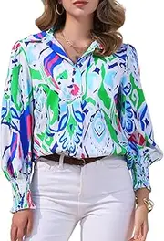 [Allegra K] Women's Pullover Floral Long Sleeve Shirred Ruffle Hem Chiffon Fashion Casual Blouse Top