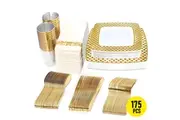 175pcs Food-Grade Wedding Event Banquet Disposable Tableware Dinnerware Gold-Edged Plastic Cutlery Pack of 25 Dining Sets Square Plates Cutlery Napkins