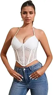 [DIOWW] Women's White Lace Bustier Corset Top – Halter Neck Mesh Bodice with Boning
