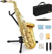 Eastar AS-Ⅱ Student Alto Saxophone E Flat Gold Lacquer Alto Sax Full Kit With Carrying Sax Case Mouthpiece Straps Reeds Stand Cork Grease