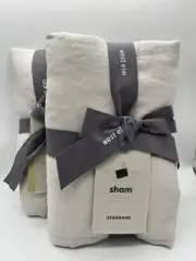 2 West Elm European Flax Linen Lofty Tack Stitch Quilt Standard Shams Frost Gray