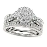 0.50 CT. T.W. Natural Diamond Triple Frame Tri-Sides Antique Vintage-Style Bridal Engagement Ring Set in Solid 10K White Gold