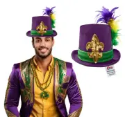 Adult Velvet Mardi Gras Top Hat Gold Fluer Di Lis And Feather Costume Accessory