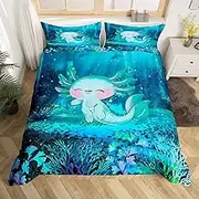 Manfei Cartoon 3D Print Axolotl Comforter Covet,Cute Ocean Animal Duvet Cover for Girls Teens Bedroom Gifts,Undersea World Plant Comforter Cover(No Filler) Decorative with 2 Pillowcases, Full Size