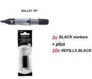 2x Pilot V BOARD Master BULLET WHITEBOARD MARKER BLACK + 10x REFILLS BLACK