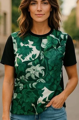 Ted Baker -NWT Rococo Printed Woven Front Design In Teal Blue On Black Tee Size2