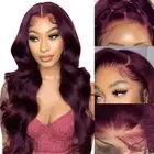 13x4 99J Burgundy Body Wave Lace Front Wigs Human Hair 180% Density Wine Red ...