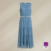 在飛比找Yahoo奇摩購物中心優惠-ILEY伊蕾 浪漫飄逸緹織圖樣雪紡無袖長洋裝(藍色；M-XL
