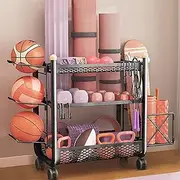 Black 3 Tier Yoga Mat Storage Rack, Home Gym Storage Shelf Holder with Wheels, Workout Exercise Equipment Organizer for Dumbbells, Foam Roller, Yoga Strap, Resistance Bands, 57 * 36 * 71Cm