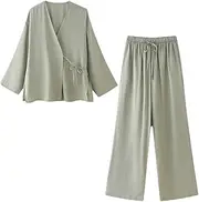 [Generic] Women's Elegant Suit Long Sleeve Tie Shirt Jacket High Waisted Wide Leg Pants Set Loose Two Piece Suit