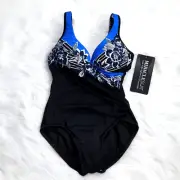 Miraclesuit NWT It's a Wrap One Piece Swimsuit Black Blue Floral size 8