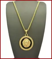 Gold Cuban Link Chain Lion Black Rawr Feline Animal Pendant Hip Hop Necklace