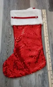 Holiday Peppermint Red White Fur Sequined Christmas Stocking Decor HS