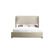 Bed Frame Queen Size in Beige Fabric Upholstered French Provincial High Bedhead