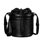 Bottega Veneta Perforated Black Leather Drawstring Bucket Crossbody Bag NEW