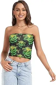 [RPLIFE] Green Dragon Black Womens Tube Top Strapless Crop Top, Sheer Tube Tops, Trendy Crop Tops (S)
