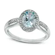 Oval Aquamarine and 0.13 CT. T.W. Natural Diamond Frame Open Shank Ring in Solid 10K White Gold